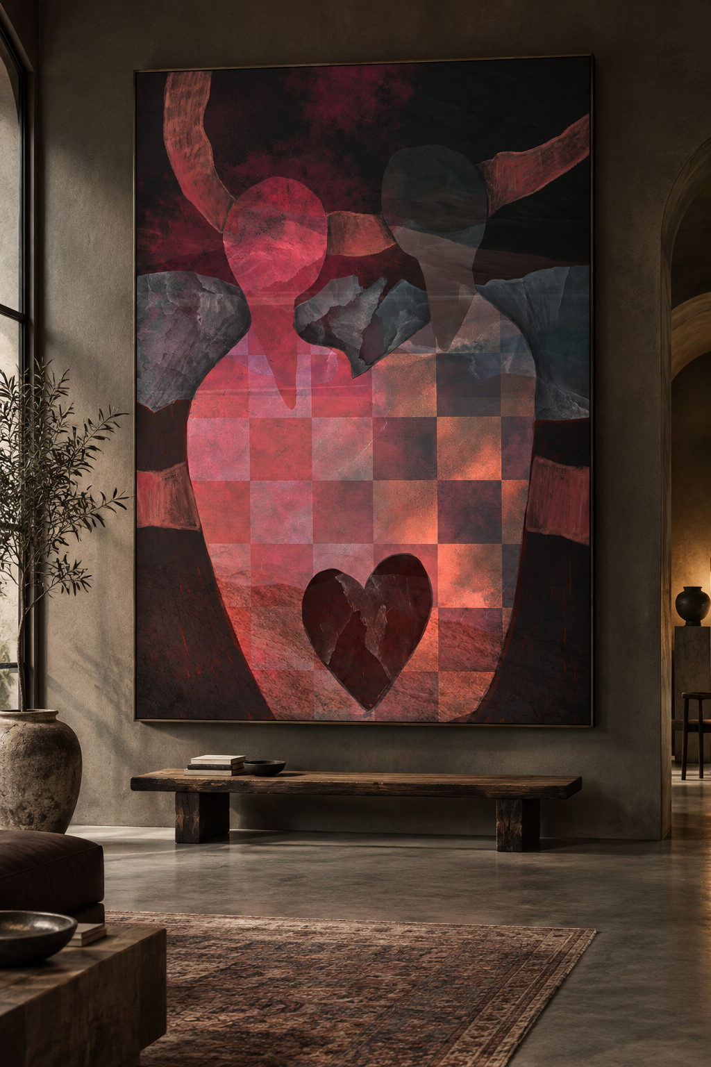In the Vortex hung as a large framed canvas in a warm, dark interior with a wooden bench and soft light